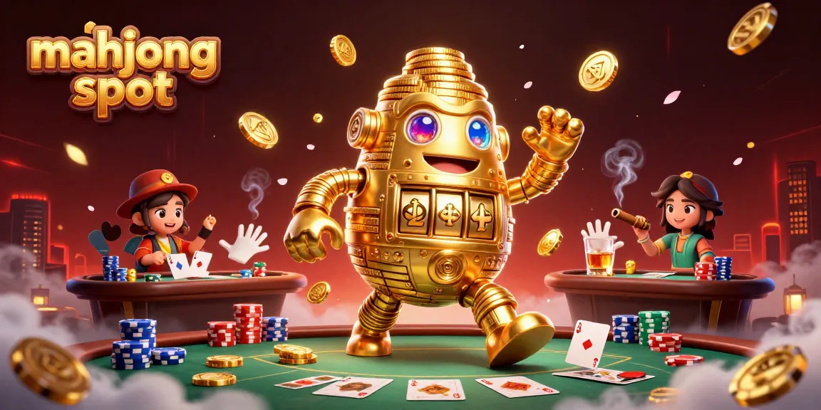 Engage with the mahjong slot scene featuring golden golem and vibrant poker elements in a rich casino atmosphere.
