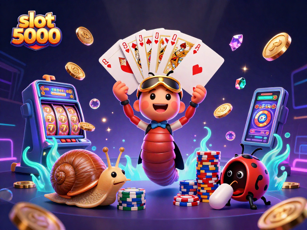 Spin the excitement with slot 5000 as lively characters deal cards and stack chips in a dazzling casino scene.
