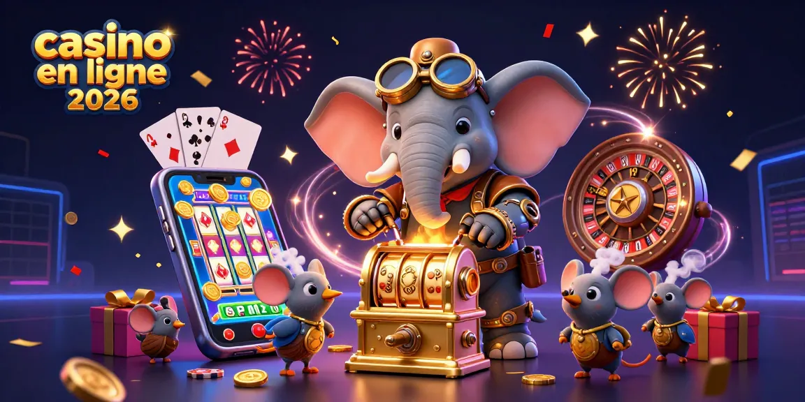Une illustration 3D vibrante représentant un ingénieur éléphant steampunk à la machine à sous, inspirant le casino en ligne 2026.