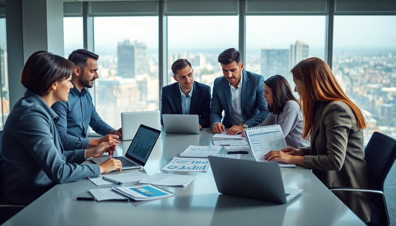 Professionals engaging in B2B competitive intelligence analysis in a modern office.