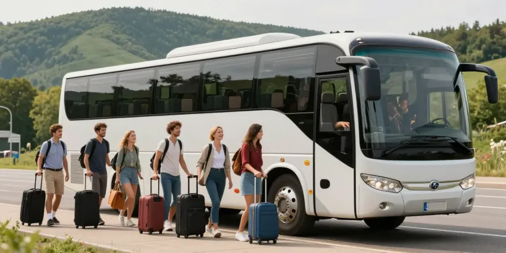 Transport Moldova Anglia cu călători veseli și autocare confortabile la un terminal din Moldova.