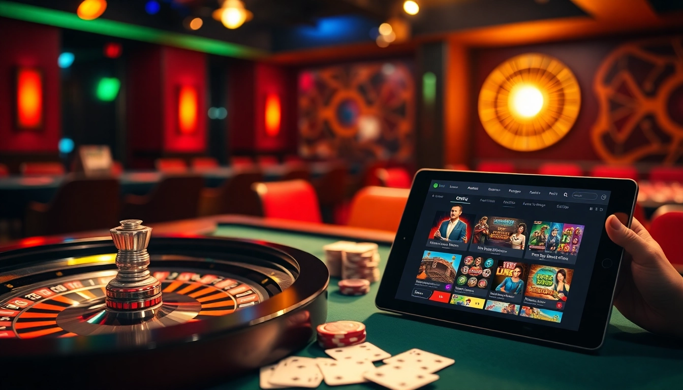 Onicplay gaming scene with roulette, poker chips, and colorful online betting interface