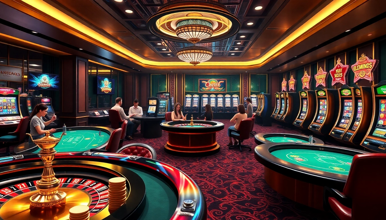 Scène captivante de jeux de luxe dans un casino en ligne 2026 avec des jeux vibrants et des tables de poker.