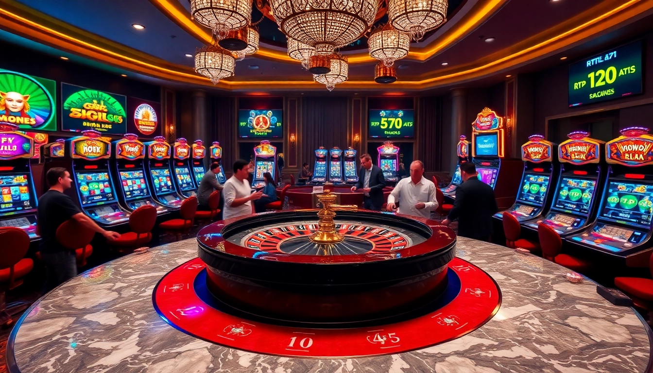 Players betting on rtp pragmatic play slot machines in a vibrant casino atmosphere.