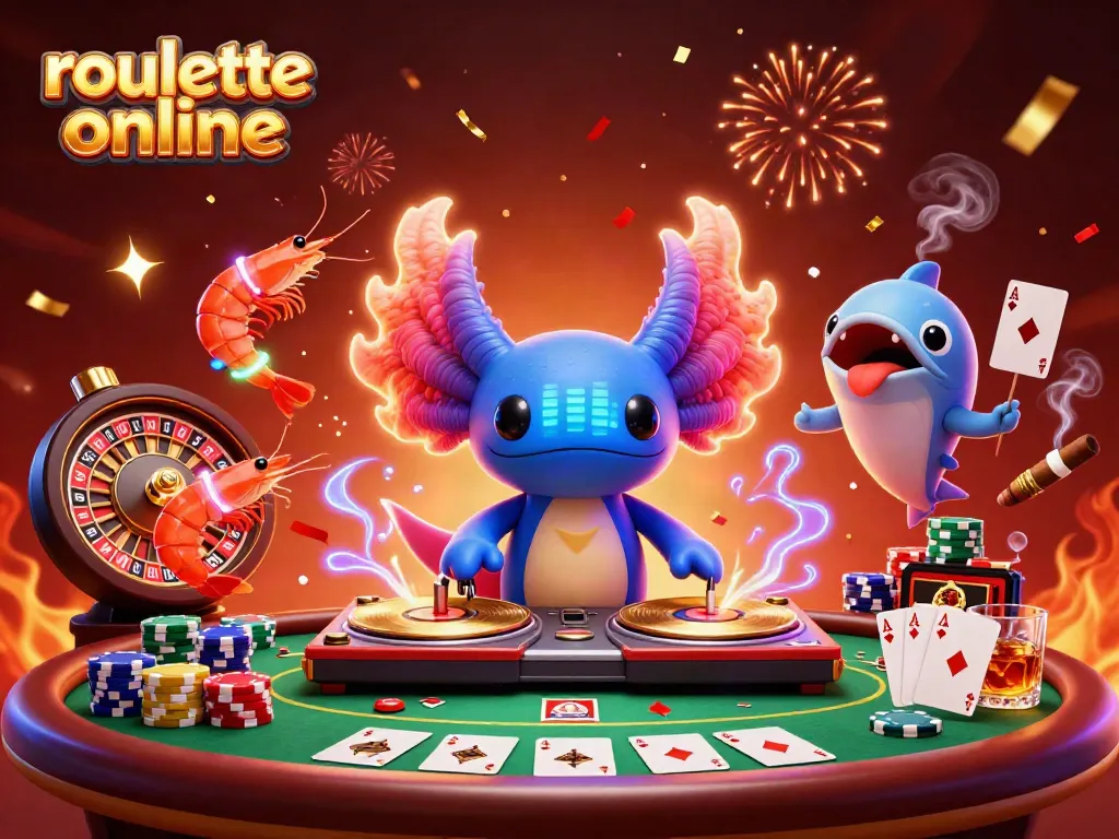 Spin roulette online with vibrant axolotl DJ and glowing shrimp in a lively casino scene.