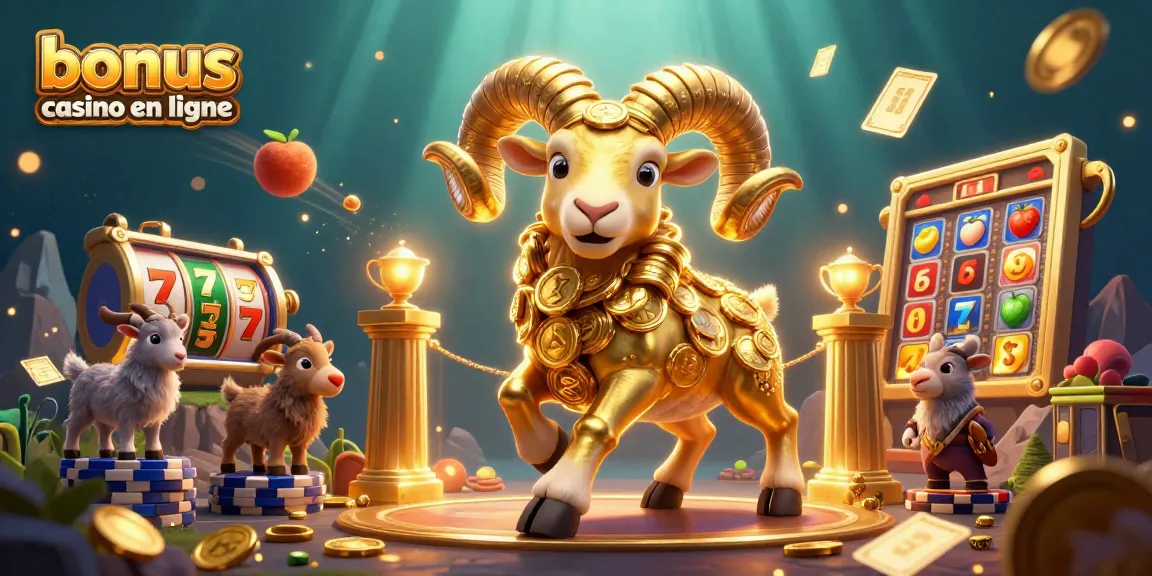 Obtenez le bonus casino en ligne avec une illustration dynamique de chèvres de montagne et un bélier doré.