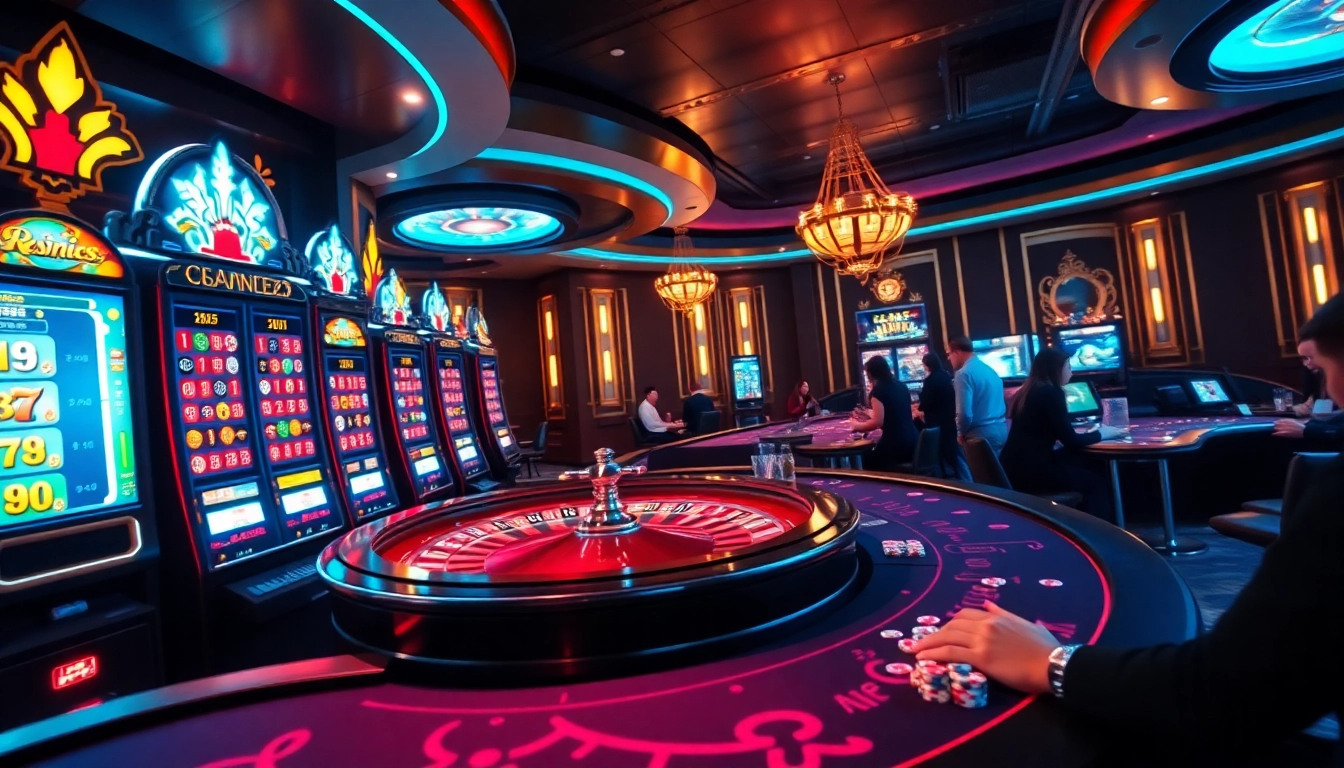 Des joueurs profitant de casino en ligne 2026 avec des machines à sous vibrantes et des tables de poker élégantes dans un cadre luxueux.