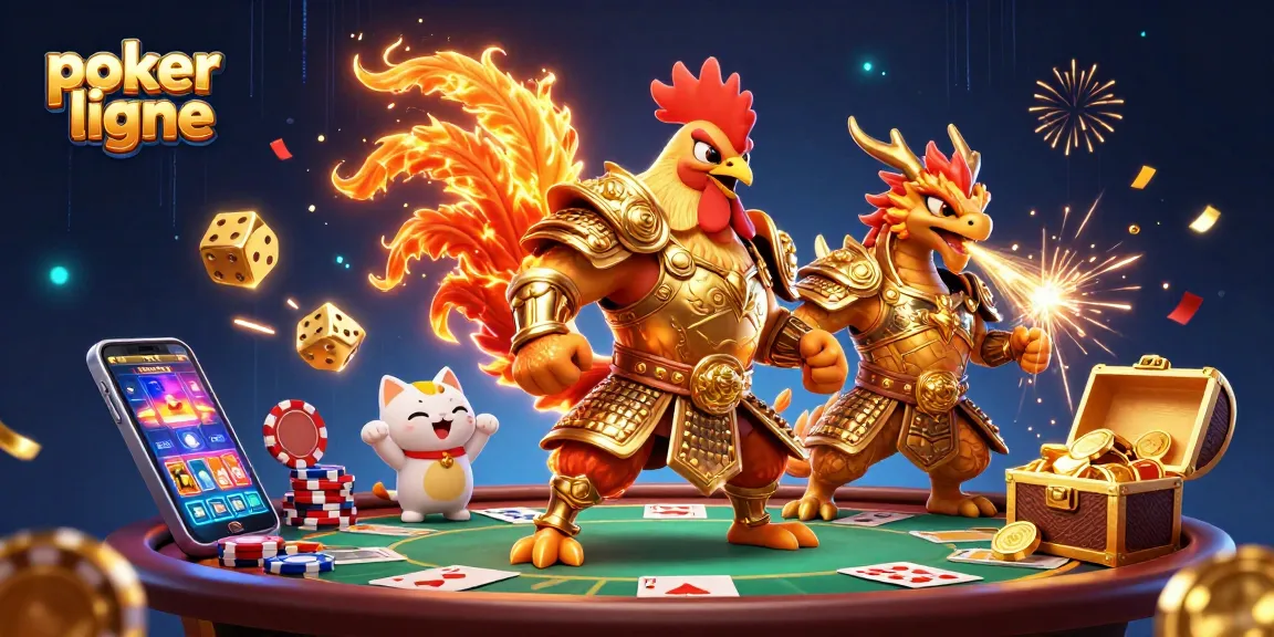 Jouez au poker en ligne avec un combattant et un dragon dans un univers coloré.