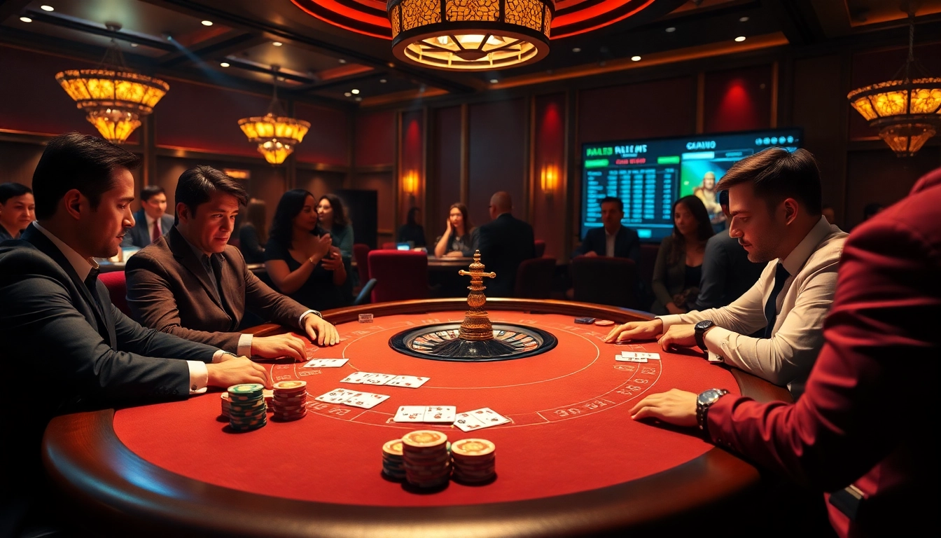 Scène engageante de casino en ligne 2026 avec des joueurs de poker, une roulette, et des affichages de paris.
