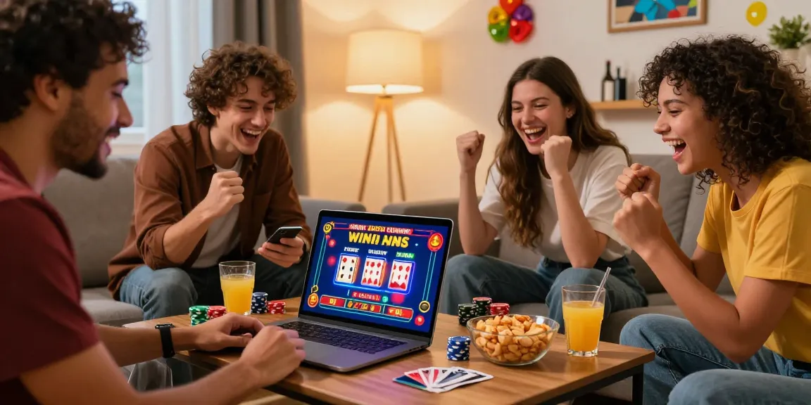 Friends gathered enjoying games at credit card casinos in a cozy living room, celebrating online wins.