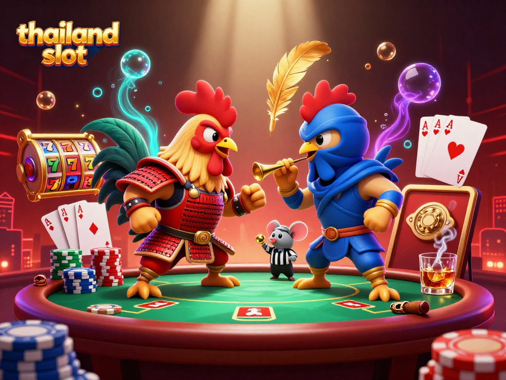 Engage in dramatic action with the thailand slot battle between armored roosters in a vibrant casino atmosphere.