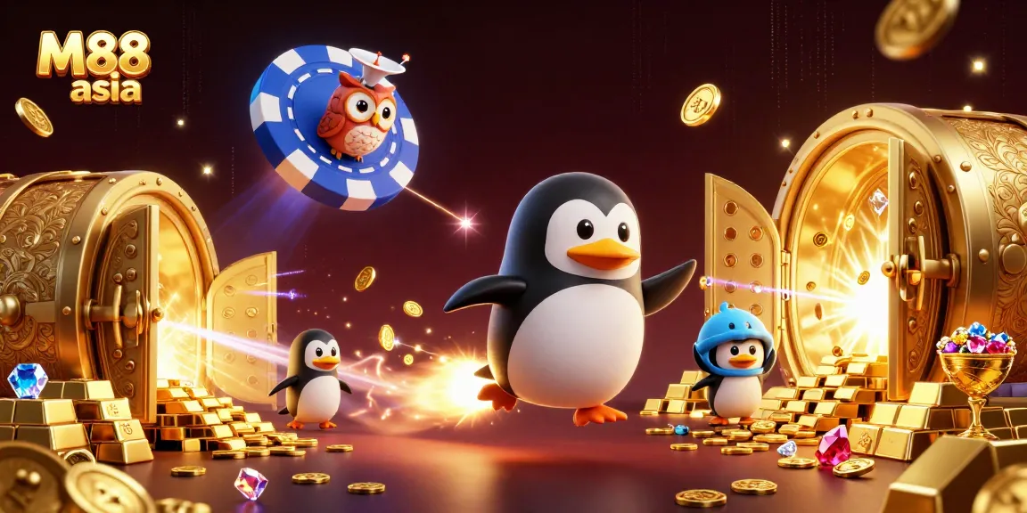 Experience the excitement of M88 asia with a golden penguin soaring toward a casino space station.