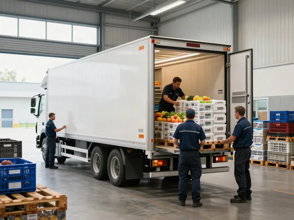 Kühltransporte in Dortmund: Moderne Kühltransporter entladen frische Lebensmittel in einem Lagerhaus.