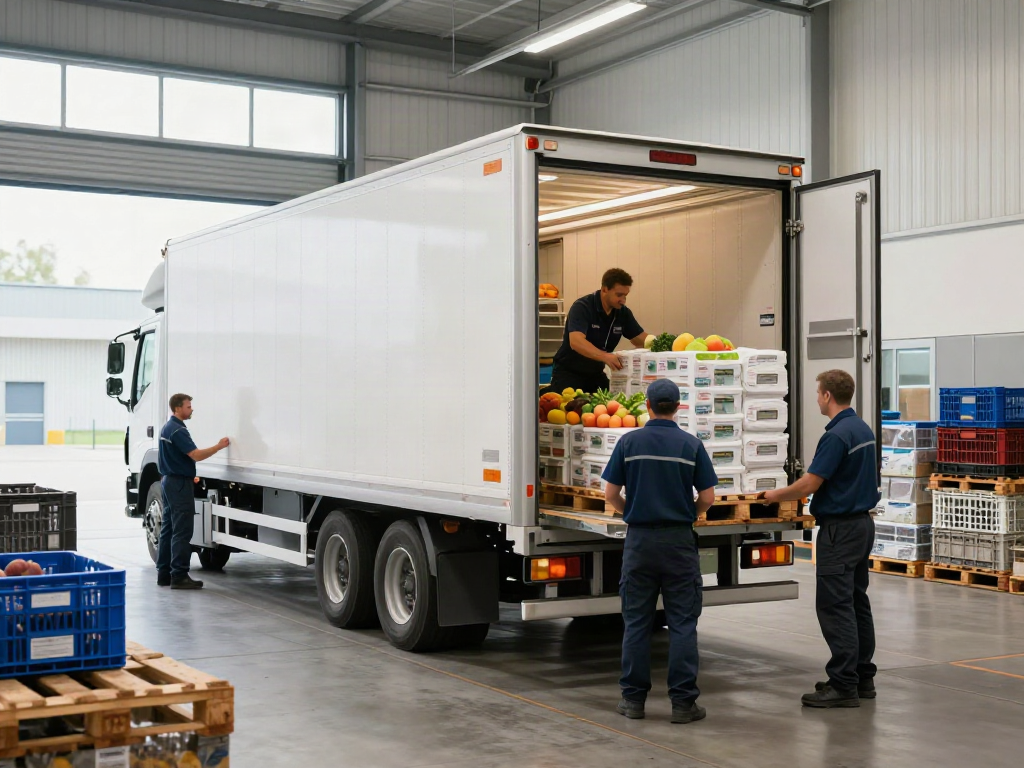 Kühltransporte in Dortmund: Moderne Kühltransporter entladen frische Lebensmittel in einem Lagerhaus.