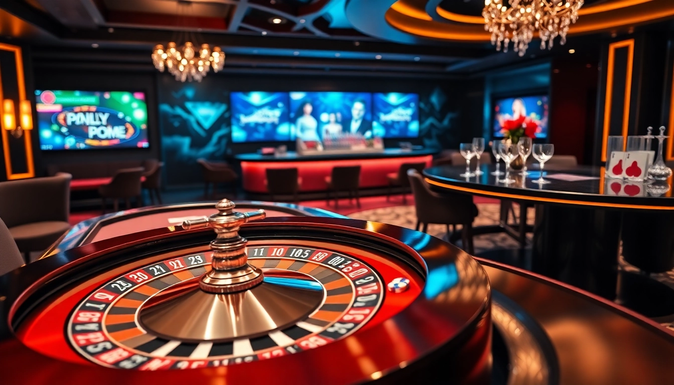 Découvrez une scène dynamique de jeu en ligne avec l'excitation de casino en ligne 2026 à travers des tables luxueuses et des éléments de jeu vibrants.