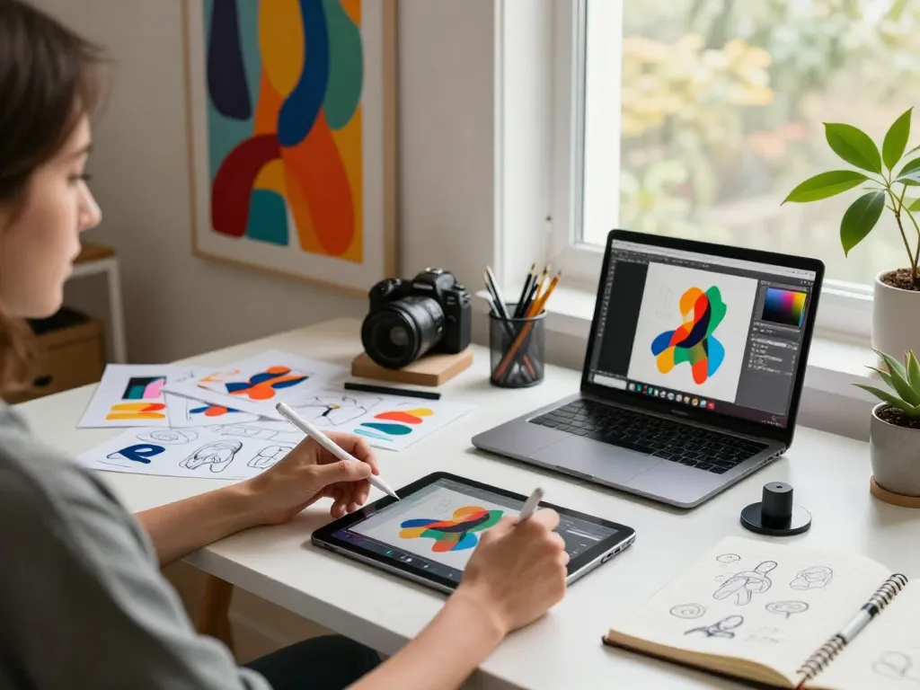 Digital artist using an image to prompt generator on a tablet in a bright creative workspace with art pieces.