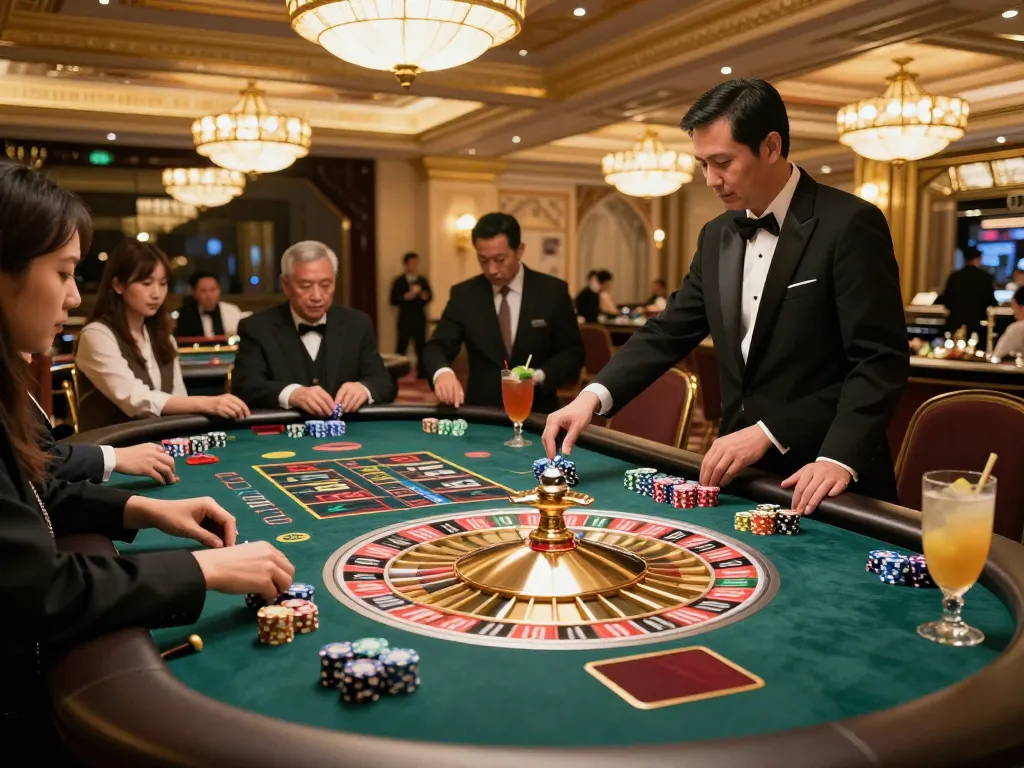Suasana menarik taruhan di meja roulette dalam kasino toto macau, menampilkan pemain, chip, dan suasana yang elegan.