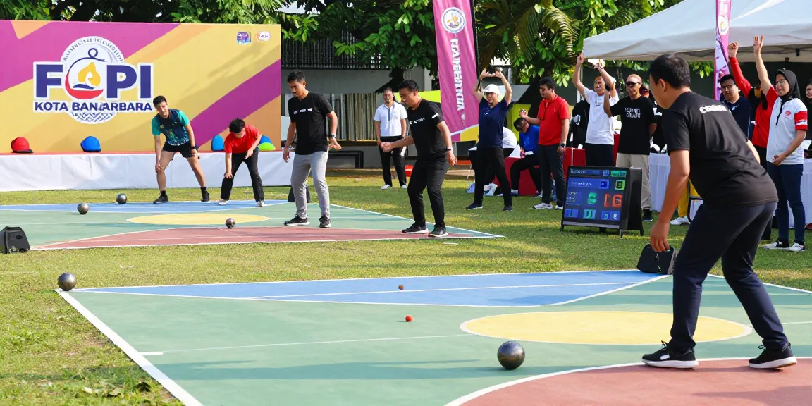 Permainan petanque di lapangan FOPI Kota Banjarbaru di bawah sinar matahari, suasana kompetitif dan energik, fopikotabanjarba.org