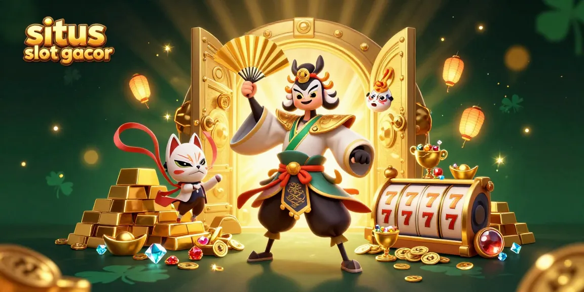 Situs slot gacor taking players to new heights with a vibrant illustration of a kabuki warrior and slot reels.