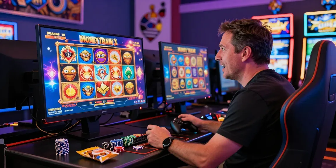 Exciting casino gaming setup featuring slots where you can buy bonus with vibrant screens and a focused player.