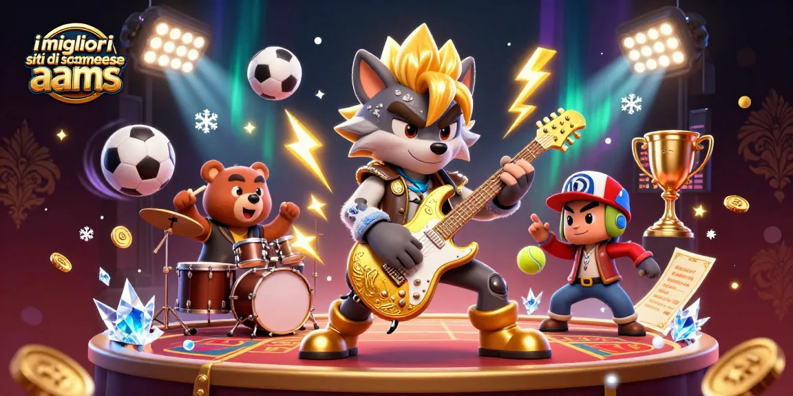 I migliori siti di scommesse non AAMS presentano un'illustrazione vivace di un lupo rock star e un orso batterista su un palcoscenico da casinò.