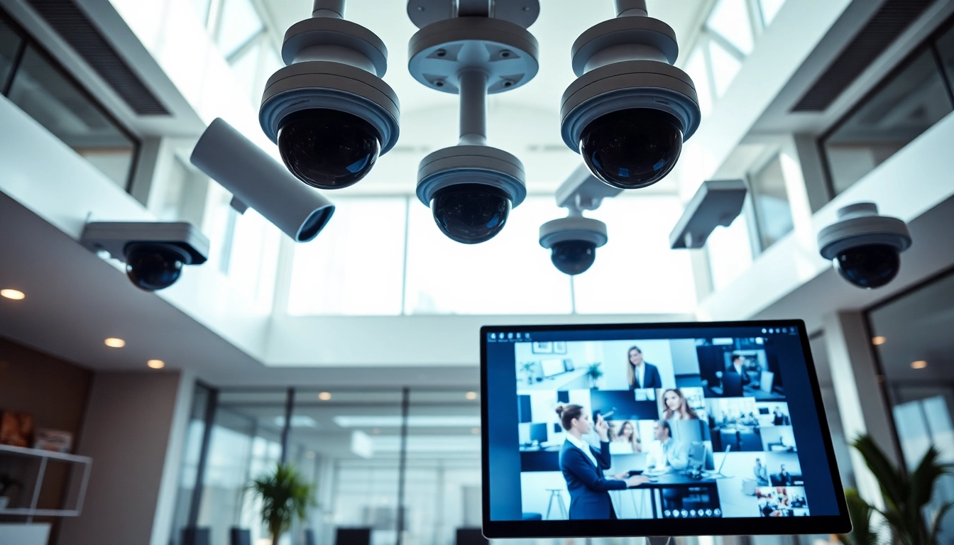 Cámaras Hikvision instaladas en una oficina moderna, monitorizando el espacio de trabajo para seguridad y eficiencia.