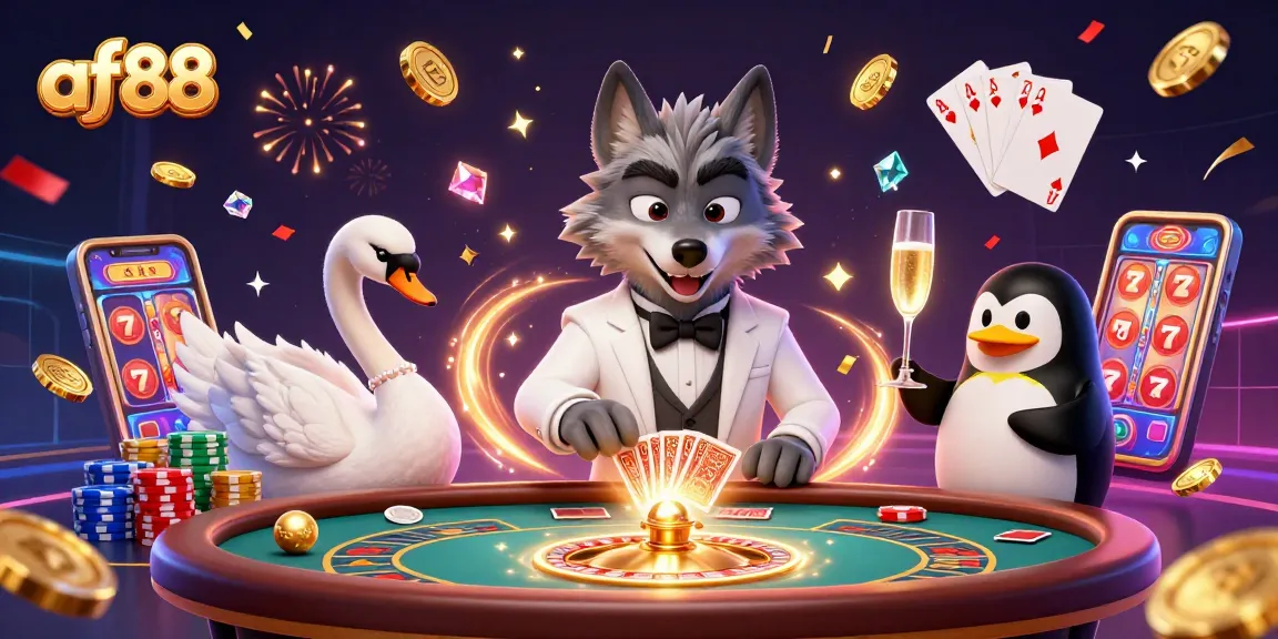 Engage in thrilling baccarat with af88's stylish characters in an exciting casino scene.