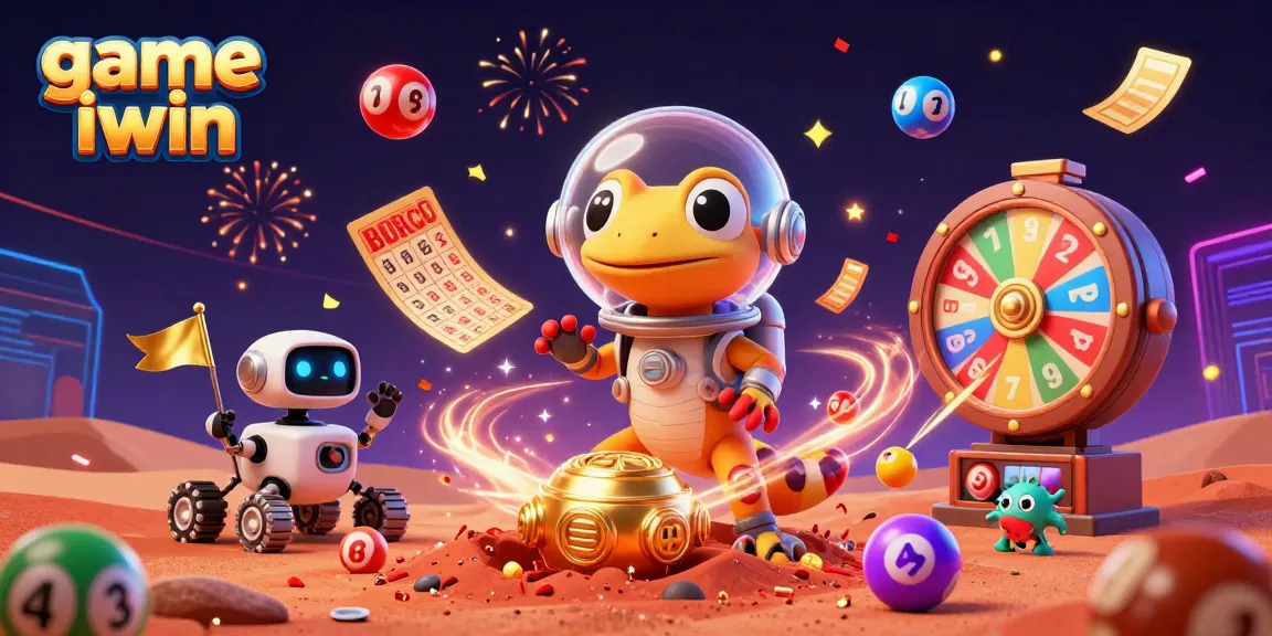 Experience the excitement of game iwin with a Martian gecko discovering a golden casino in this vibrant illustration.