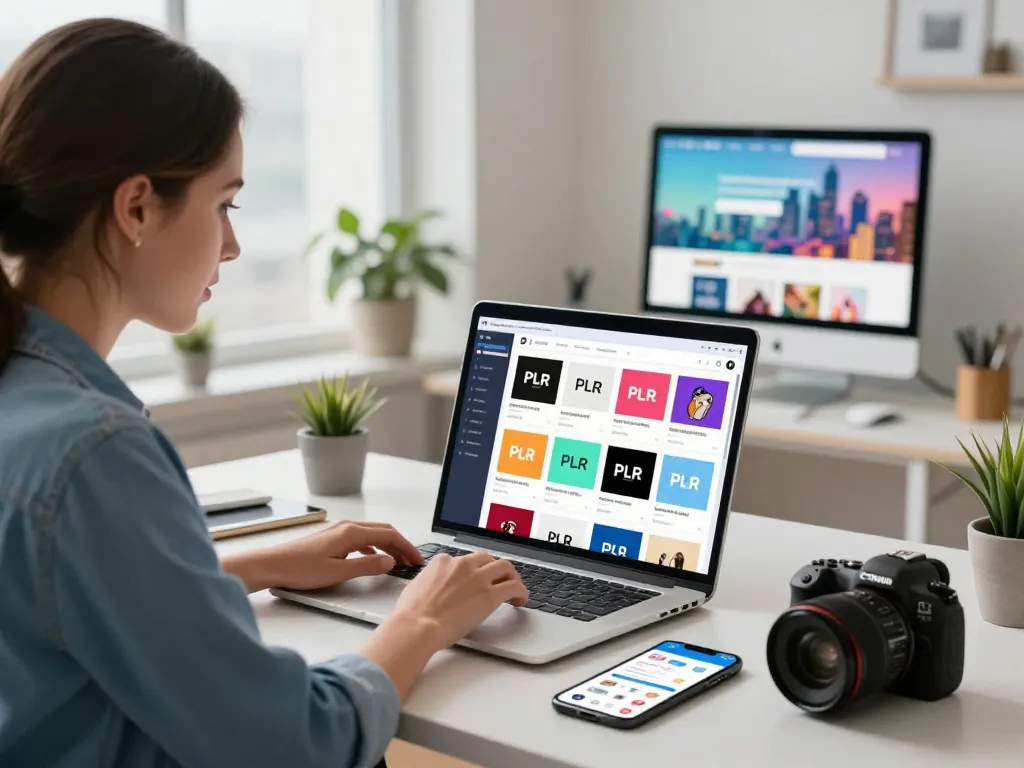 Buy PLR Products Online in a vibrant digital store environment with colorful products and an engaged entrepreneur.