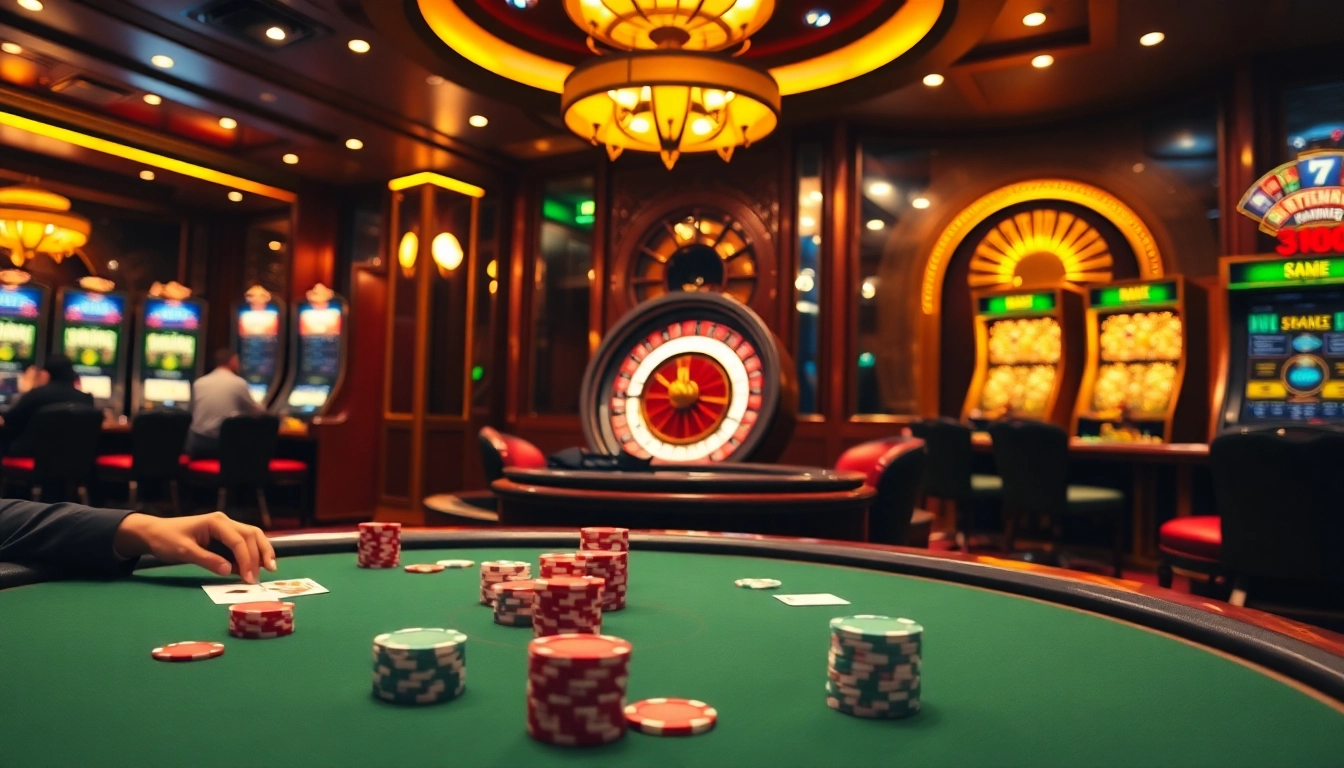 Scène palpitante de casino en ligne 2026 avec des joueurs excités à une table de poker.