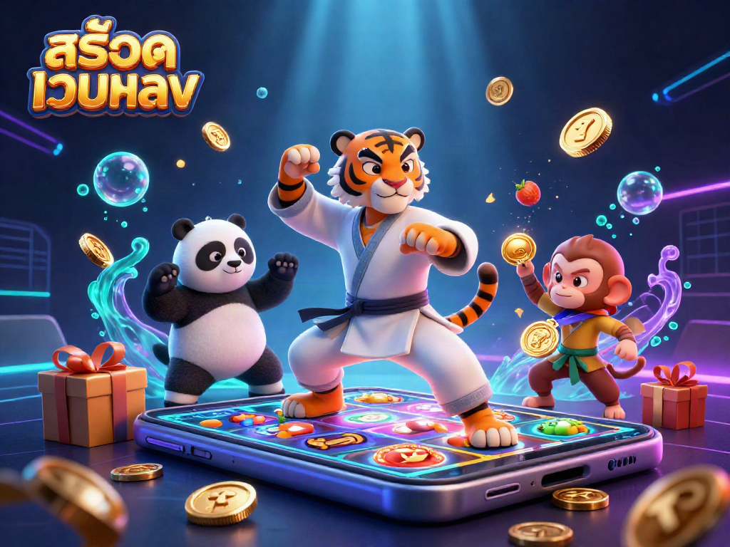 Experience สล็อตเว็บตรง thrills with a kung fu tiger, panda disciple, and monkey amidst colorful slot game elements.