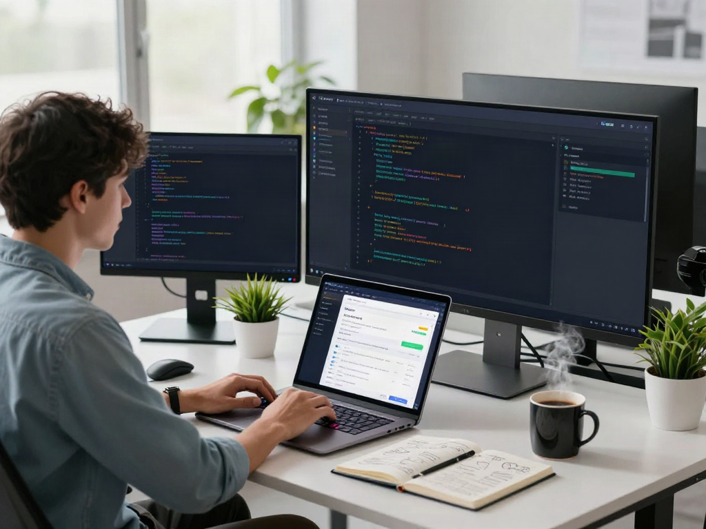 Developer coding on the brave浏览器 with multiple screens and a modern workspace setup.