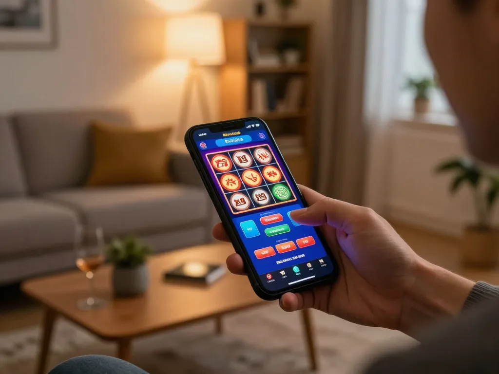 Playing popular online casinos in Canada reddit on a smartphone in a cozy home setting