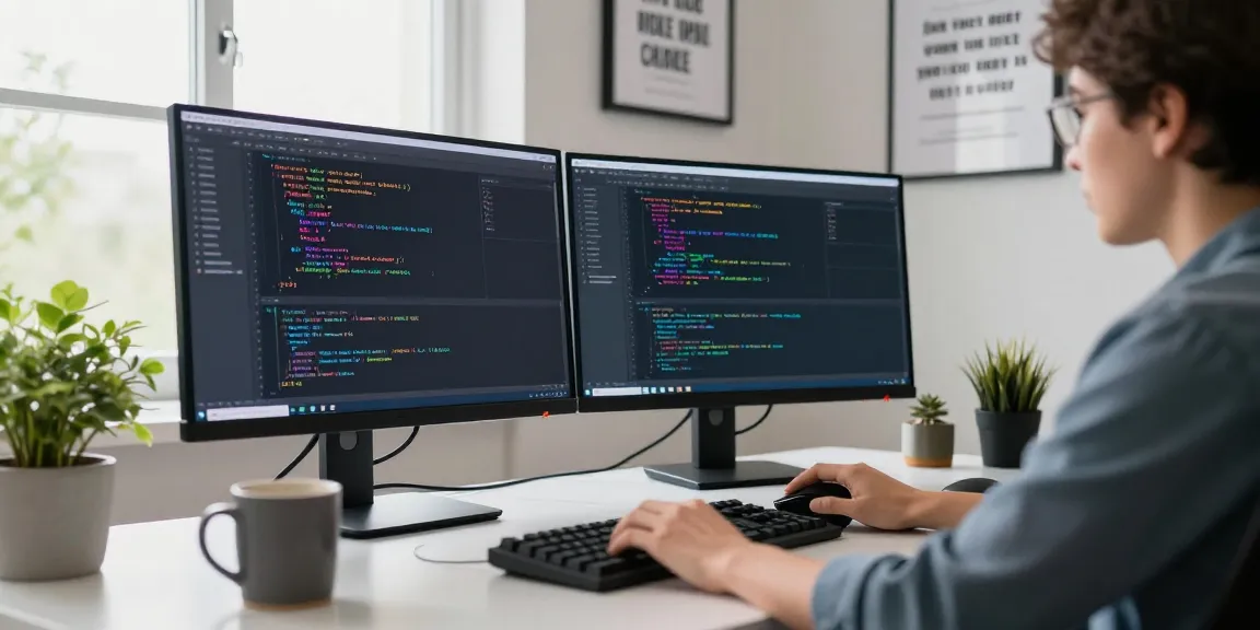 Developer coding at dual monitors in vibrant workspace showcasing https://notepad-app.co/ functionalities.
