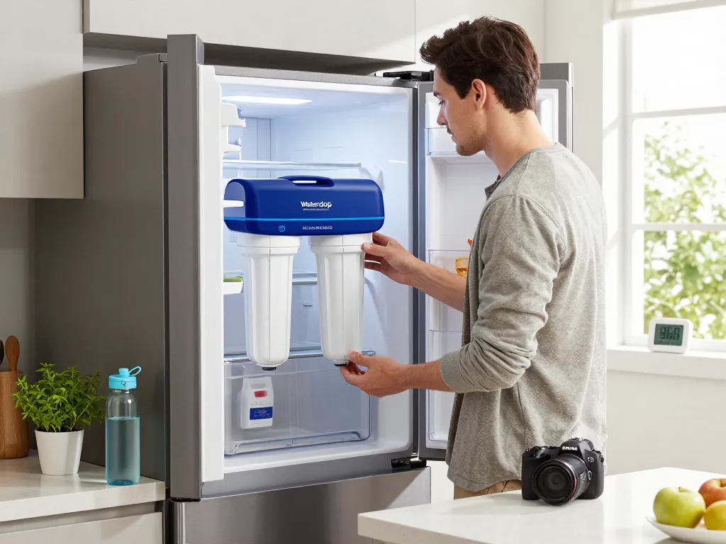 Waterdrop Replacement for Samsung® DA29-00003G water filter installation in a modern kitchen, emphasizing eco-friendly living.
