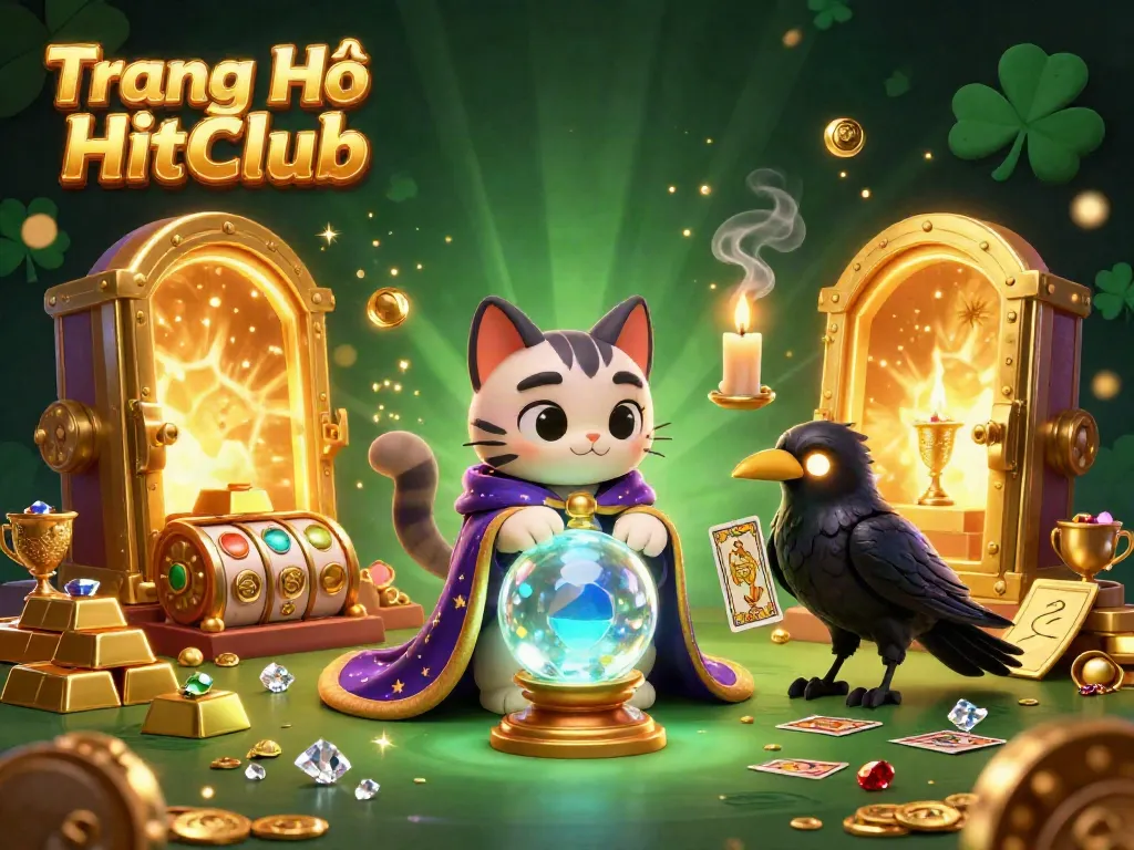 Experience the excitement of Trang Chủ HitClub with a vibrant 3D scene featuring a fortune-telling cat and mystical elements in a dynamic casino atmosphere.
