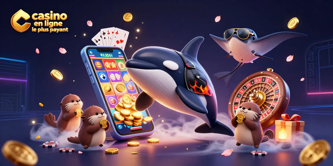 Une illustration d'un casino en ligne le plus payant avec un orca, une raie et des loutres tenant des pièces d'or.