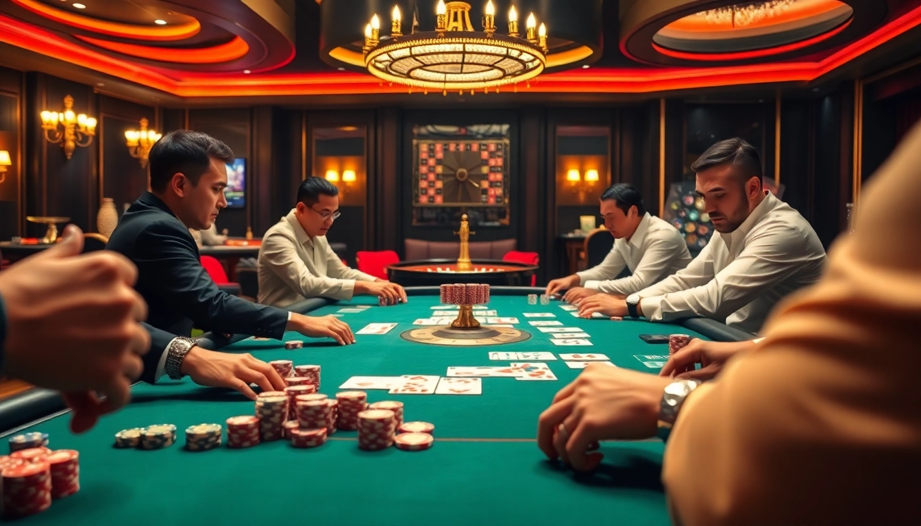 Para pemain merencanakan strategi di meja poker dalam suasana kasino mewah, menampilkan elemen Sumo Togel.