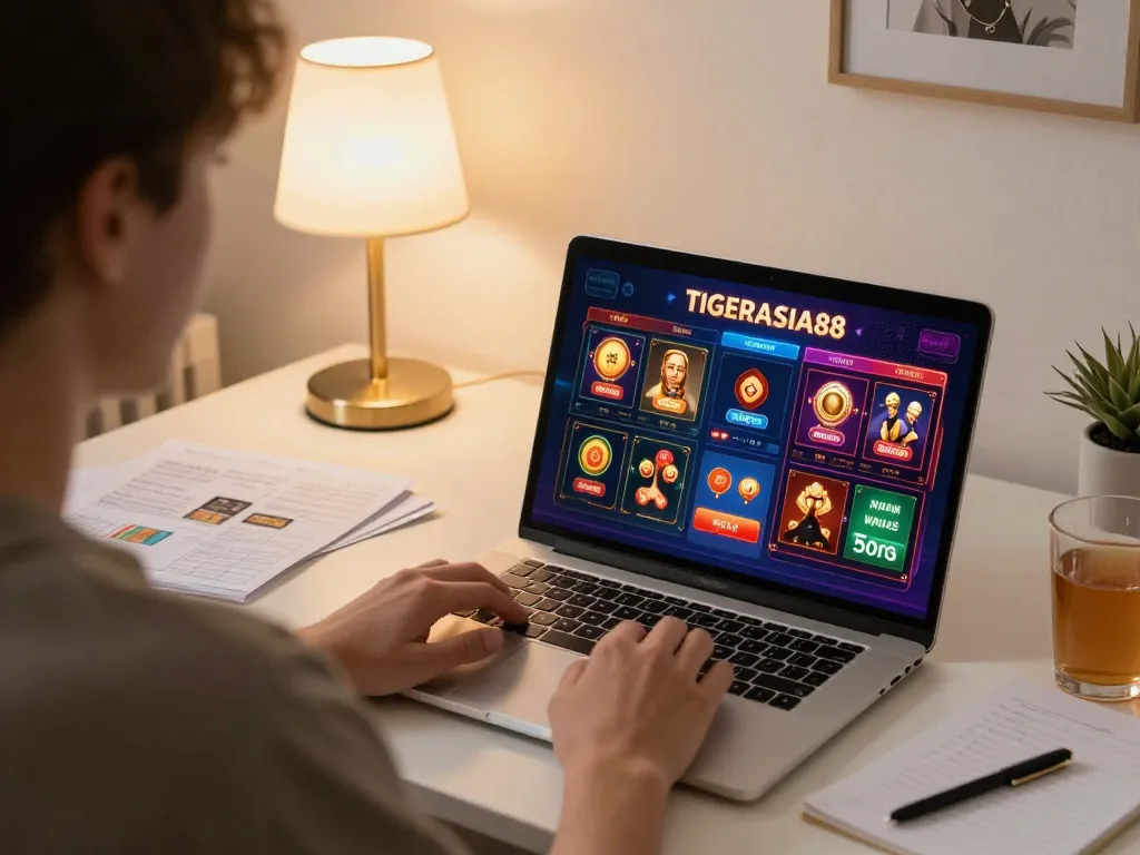 TIGERASIA88 engages players with online gambling on a laptop in a cozy home setting