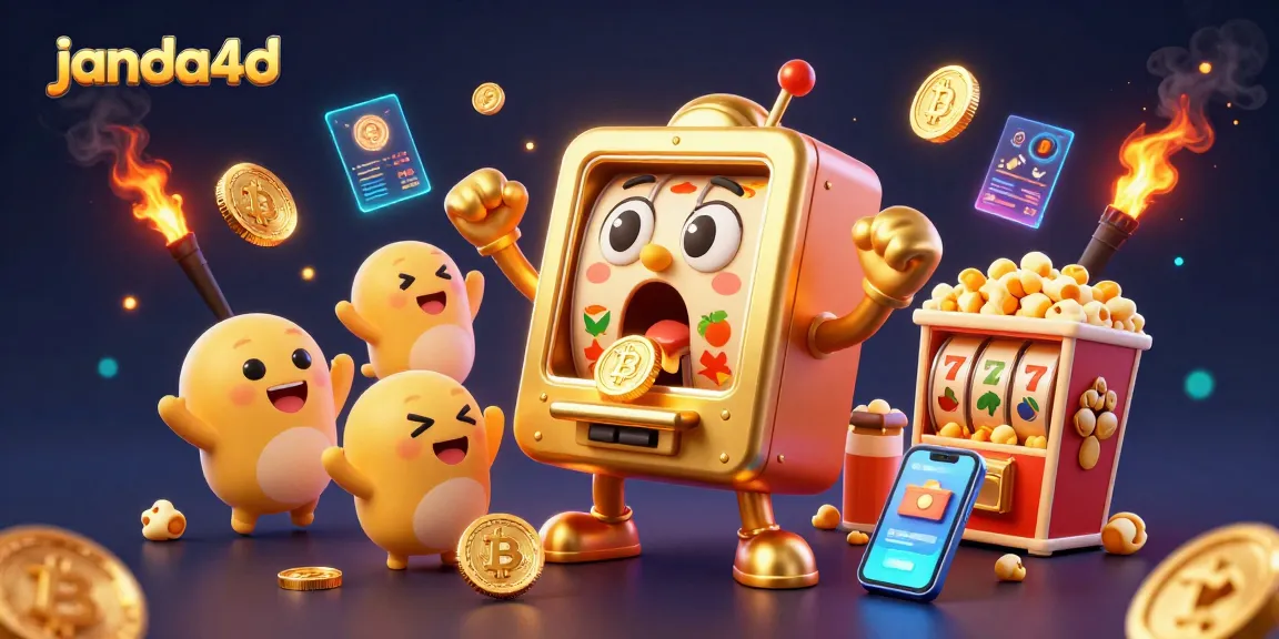 Mesin slot Janda4D menghadapi jackpot, dikelilingi simbol buah dan koin Bitcoin.