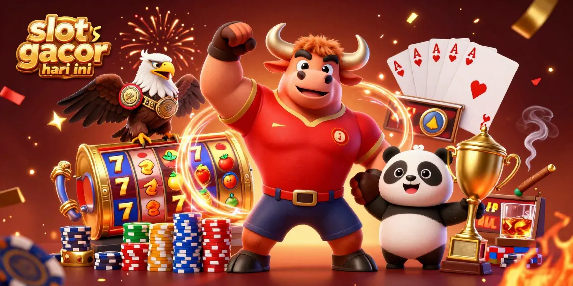 Witness a vibrant scene celebrating slot gacor hari ini with a triumphant bull mascot, trophy, and dynamic casino elements.