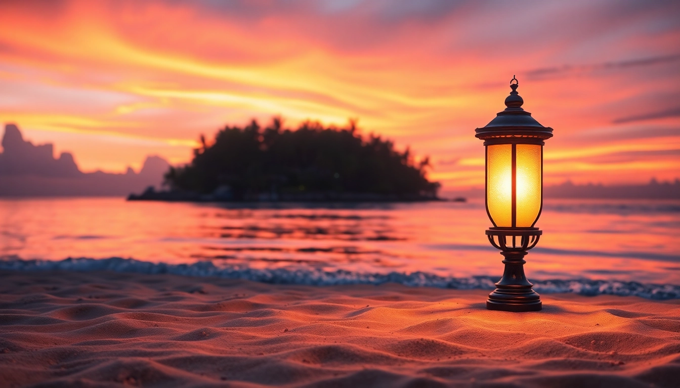 Island light illuminating a serene beachfront scene at sunset with tropical elements.