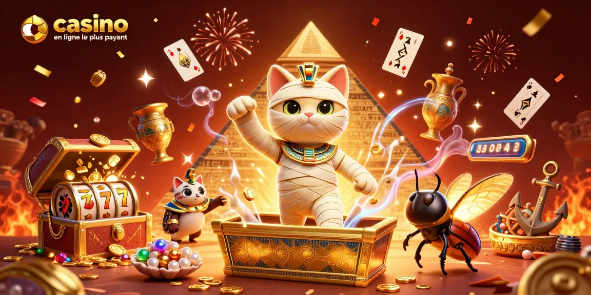 Essayez de gagner au casino en ligne le plus payant avec un chat momie égyptien dans un casino pyramidal animé.