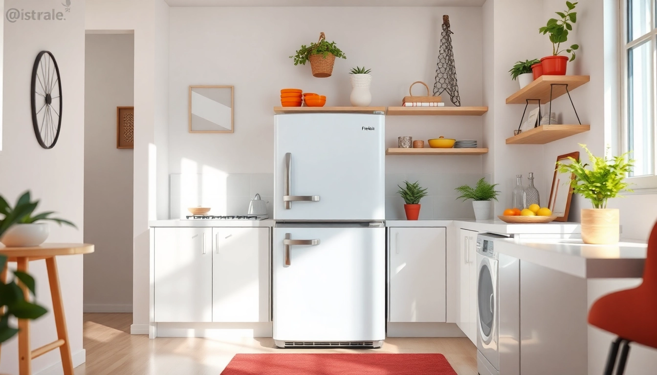 Showcase of an affordable mini fridge and freezer in a vibrant kitchen setting with modern design features.