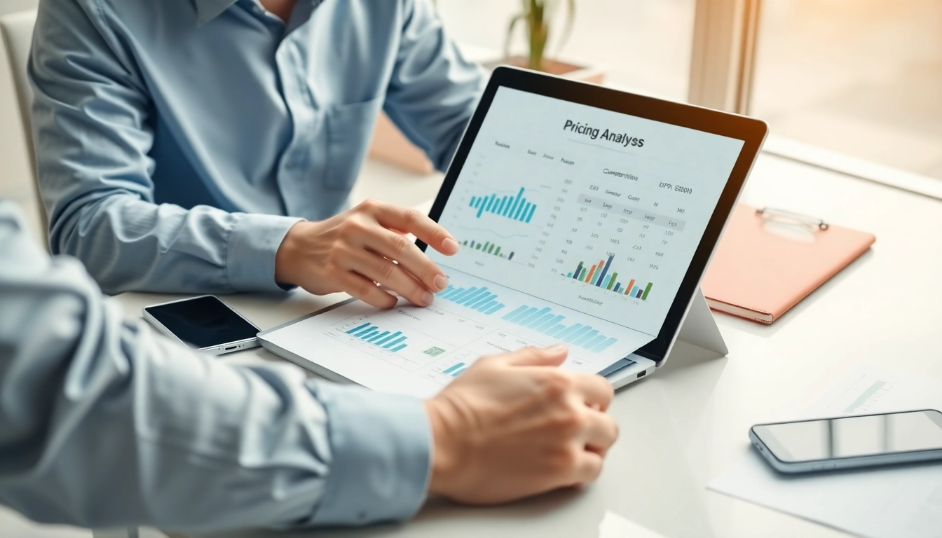 Find competitor pricing through business analysis with graphs and a laptop in a modern setting.