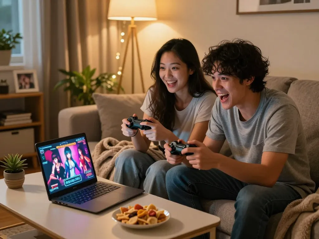 Couple enjoying online porn games on cozy couch with interactive gameplay.