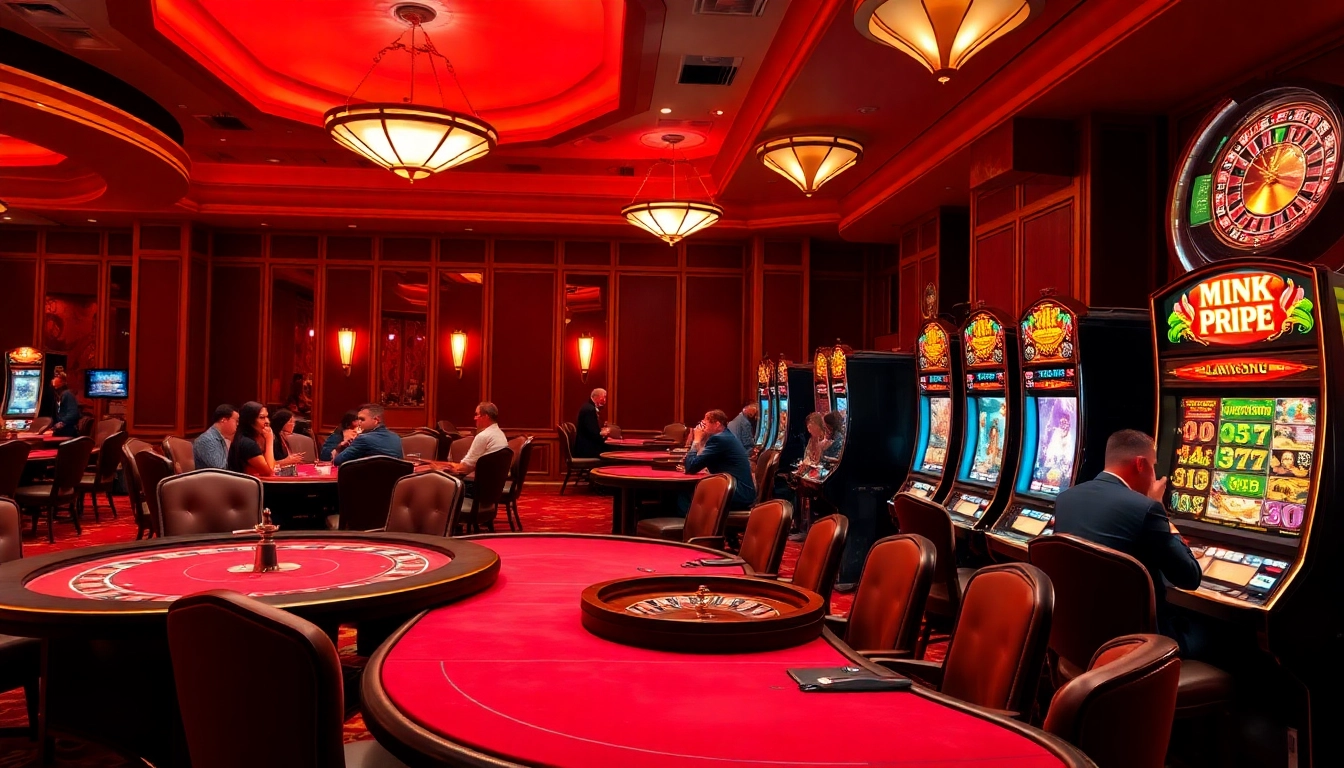 Une scène animée de casino en ligne 2026 montrant des joueurs engagés à des tables luxueuses et des machines à sous excitantes.