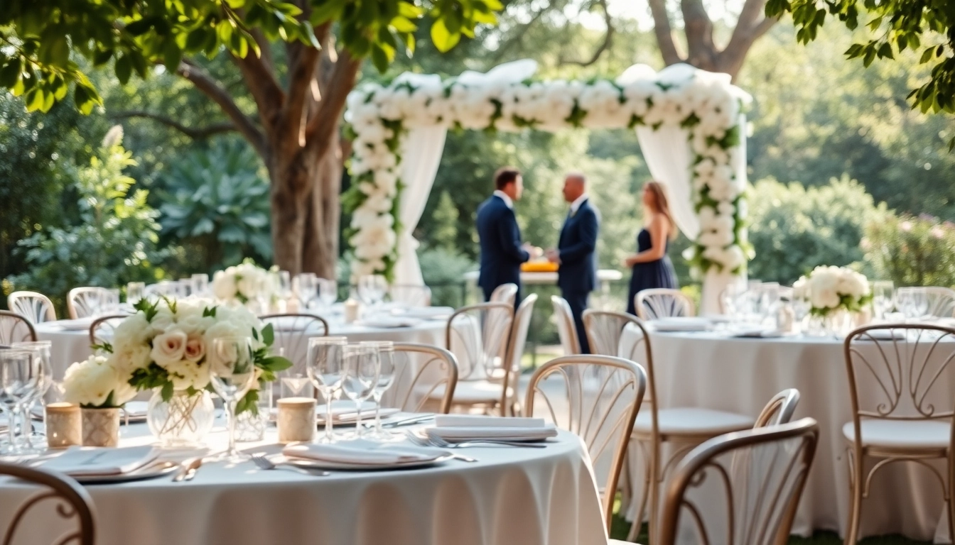 Elegant setup of Wedding & Event Rentals featuring tables and floral decorations in a garden.