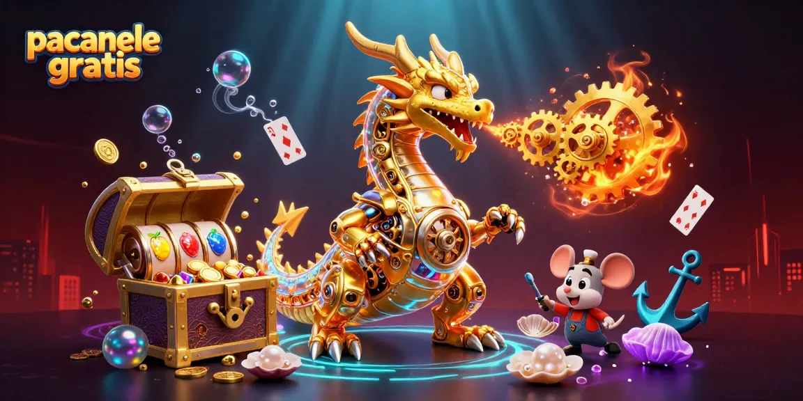 Joacă păcănele gratis în această ilustrație detaliată a jocurilor de noroc, cu un dragon fabulos și comori strălucitoare.