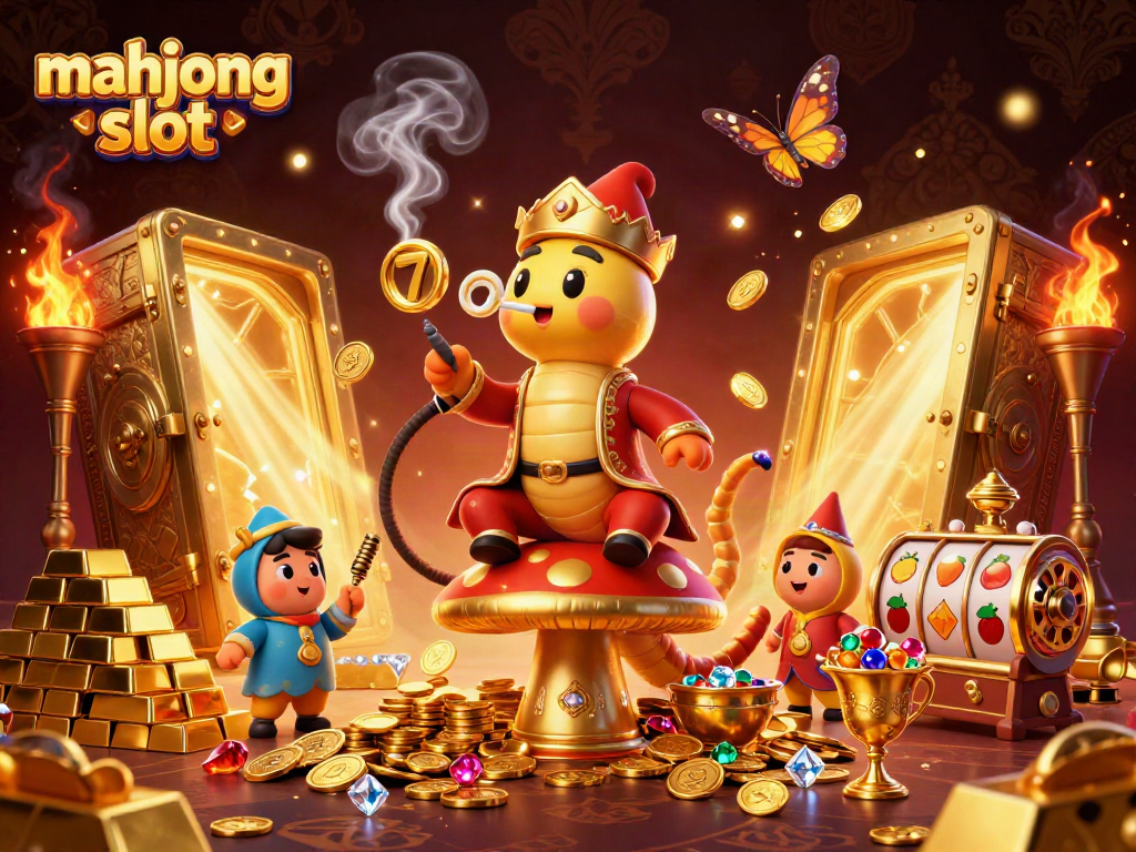 Engage with the mahjong slot scene showcasing vibrant treasures, slots, and a whimsical caterpillar character.